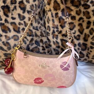 Coach Pink Kiss-Print Shoulder Bag with Gold Chain Strap